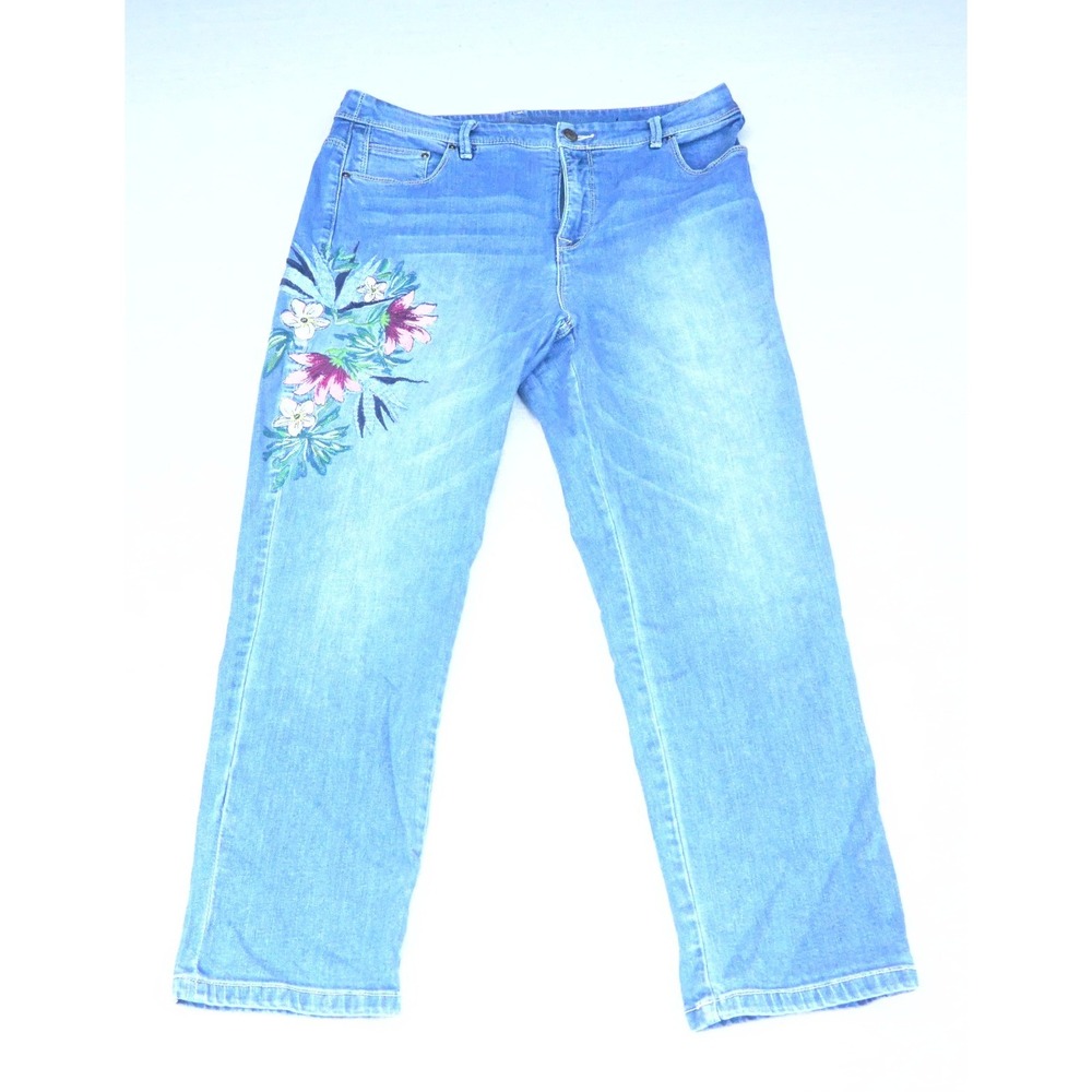 Chicos Womens 1.5 M/10 Tropical Floral Embroidery Cropped Jean Light Wash Cotton